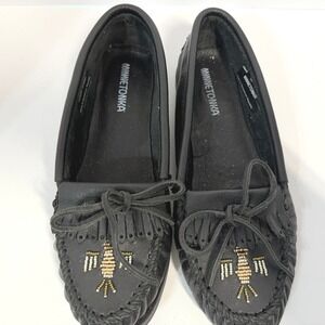Minnetonka Thunderbird II Black Leather Beaded Moccasin Flats 146W Womens 10